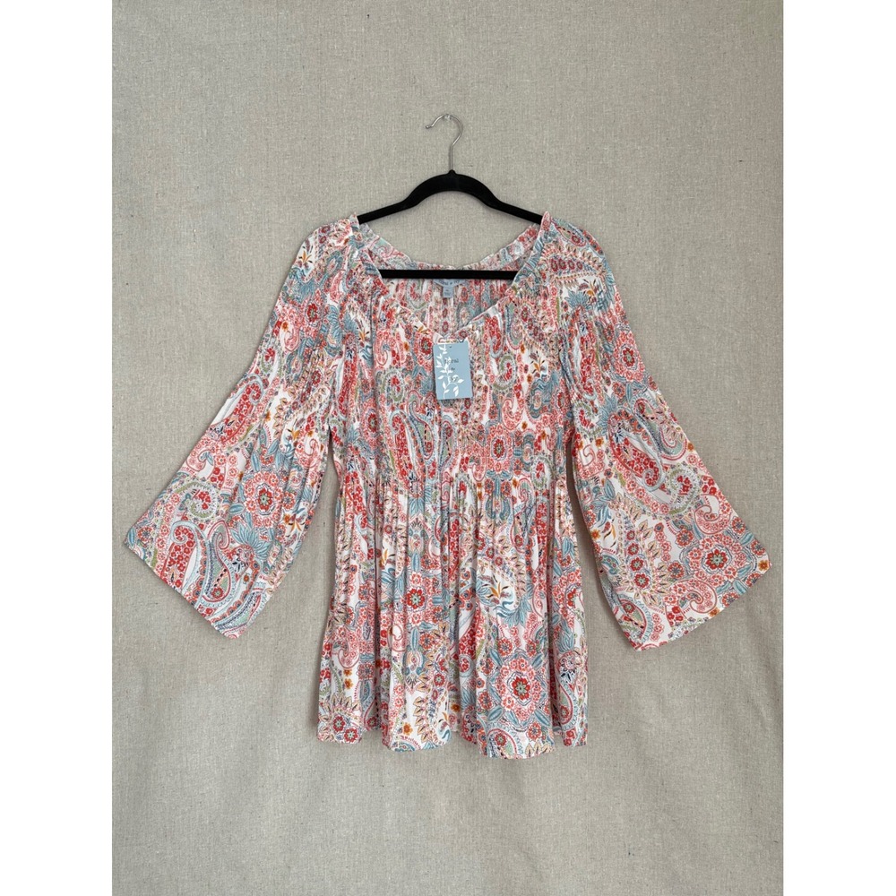 Floral & Ivy Womens XL Paisley Plisse Smocked Waist Bell Sleeve Blouse Red Blue